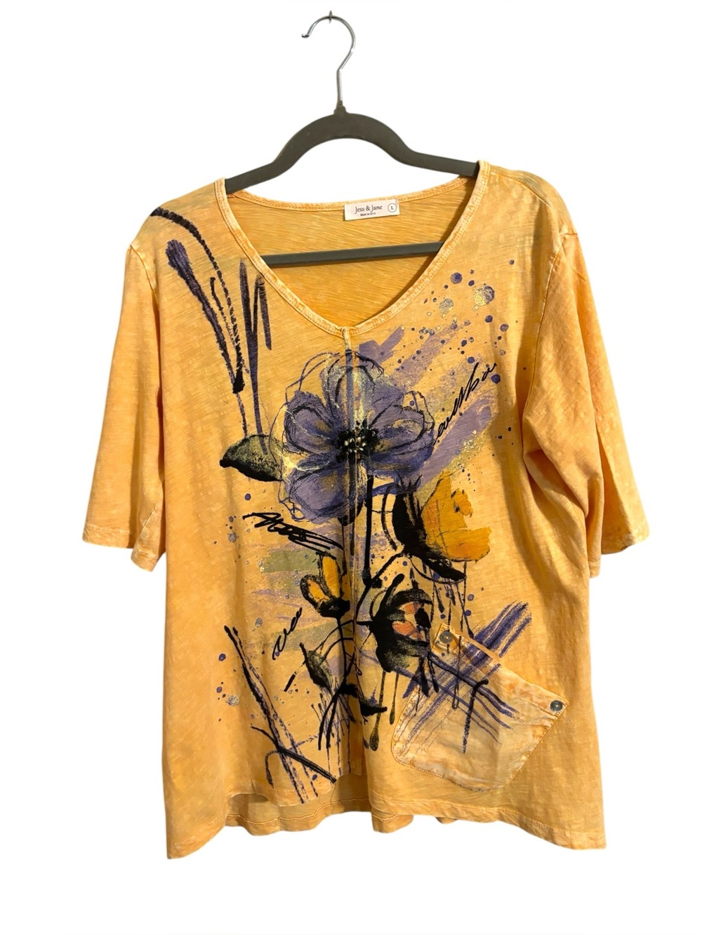 Jess & Jane Yellow Abstract Floral Short Sleeve Top Asymmetrical Pocket Large